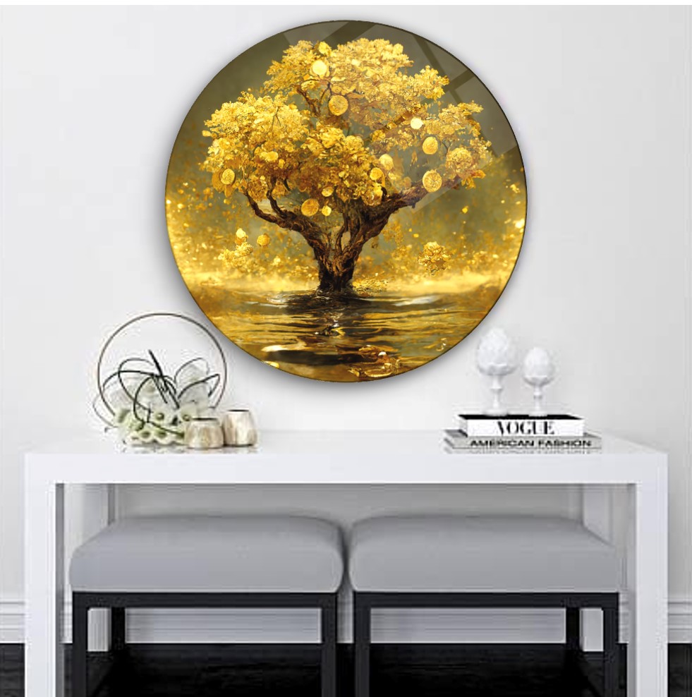 Gold Ağaç Yuvarlak Cam Tablo