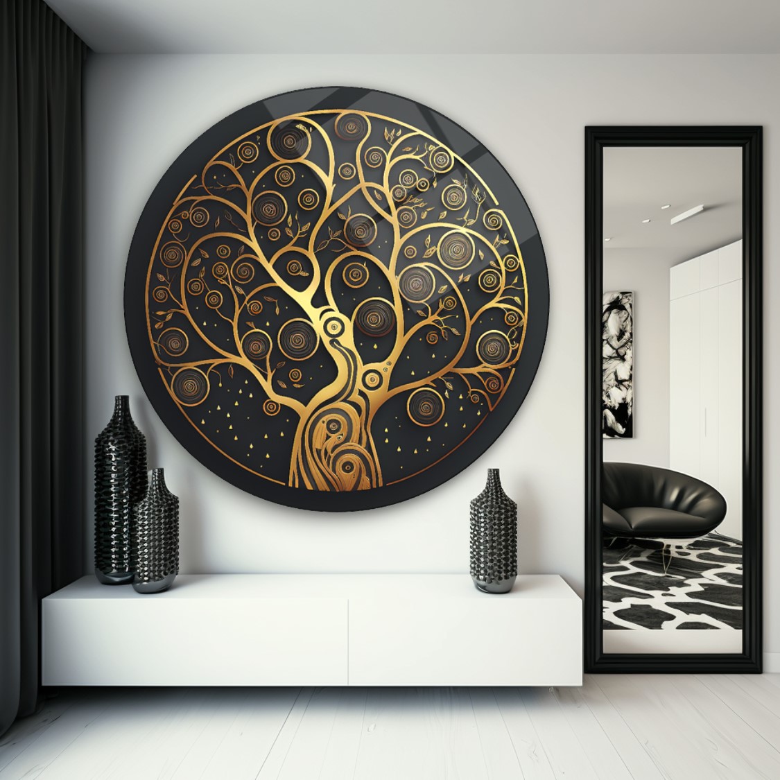 Gold Hayat Ağacı  Yuvarlak Cam Tablo