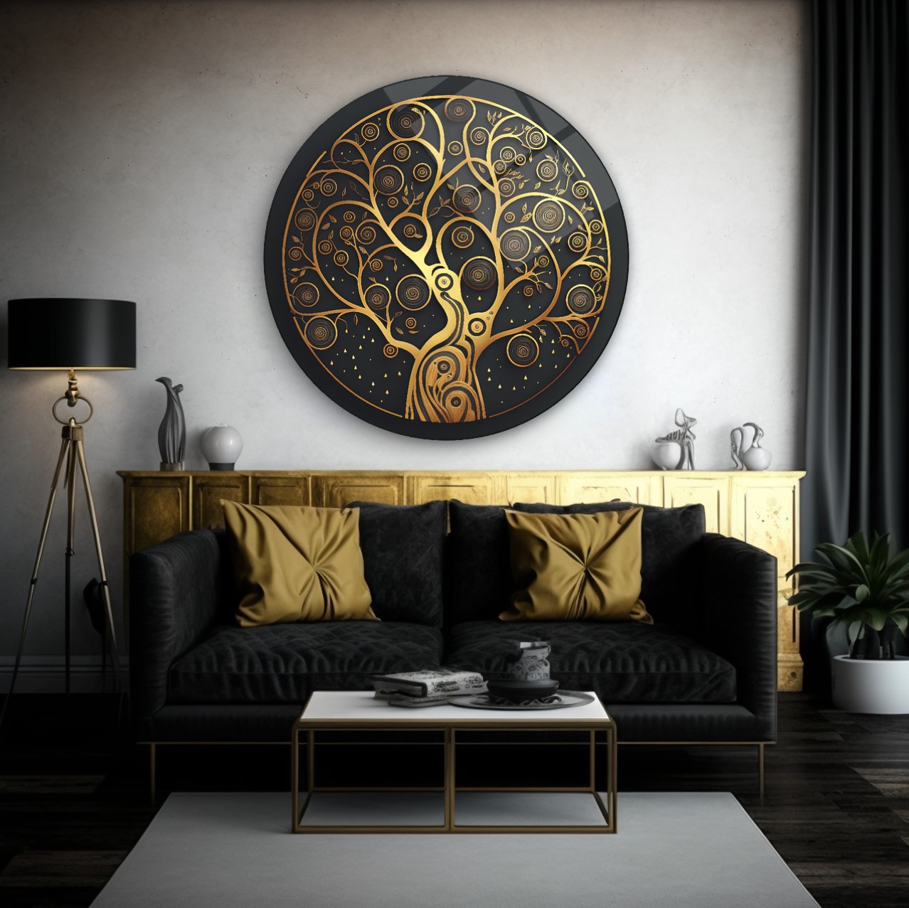 Gold Hayat Ağacı  Yuvarlak Cam Tablo