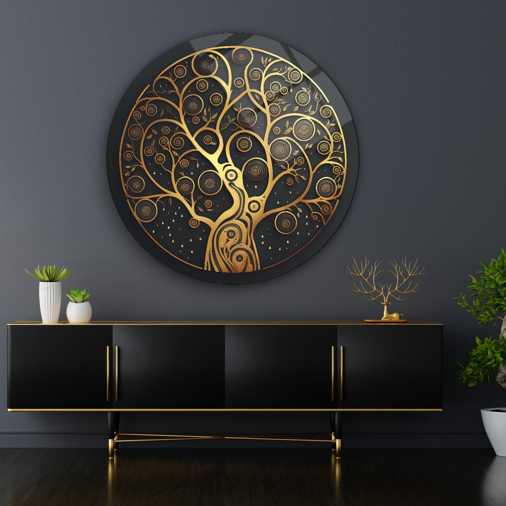 Gold Hayat Ağacı  Yuvarlak Cam Tablo