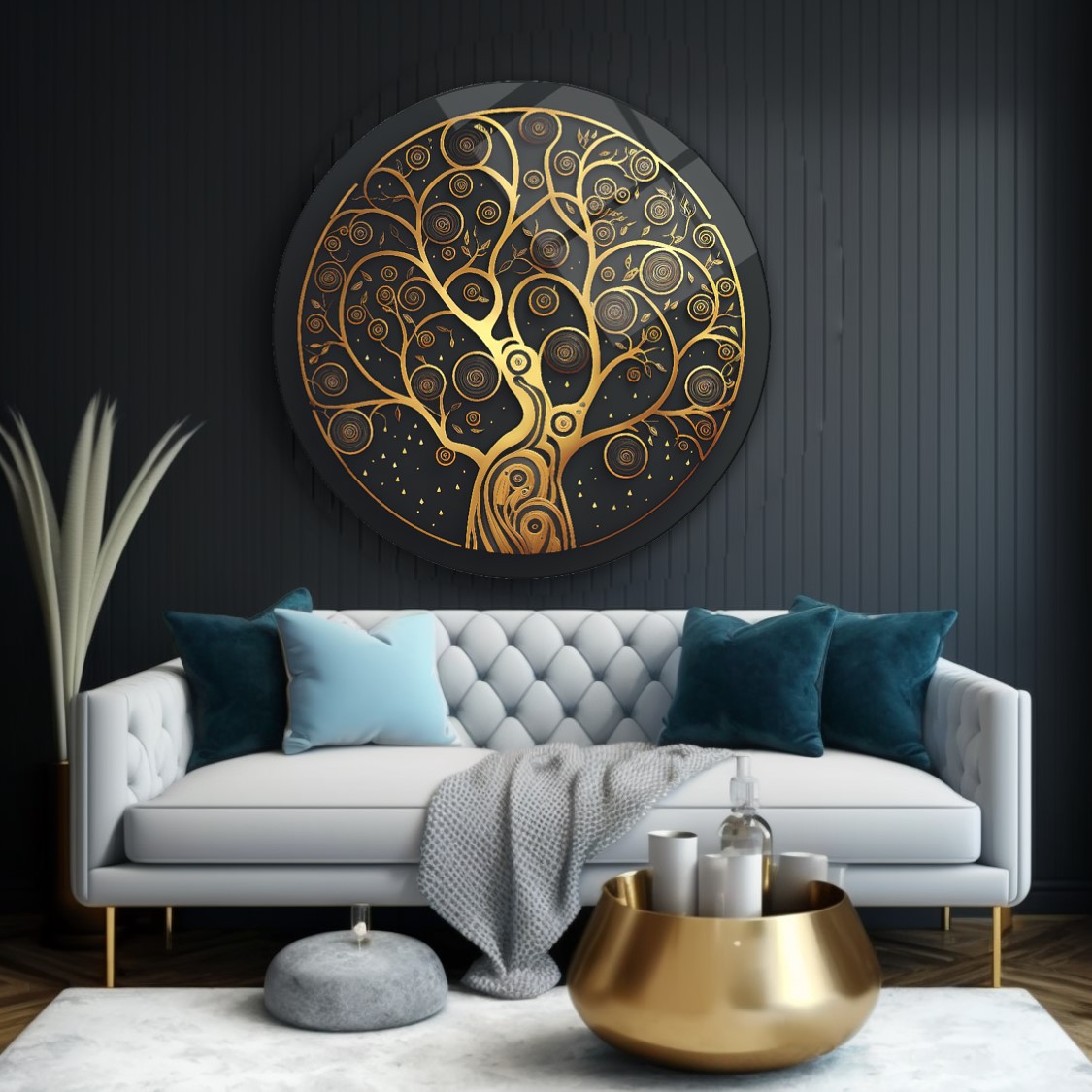Gold Hayat Ağacı  Yuvarlak Cam Tablo