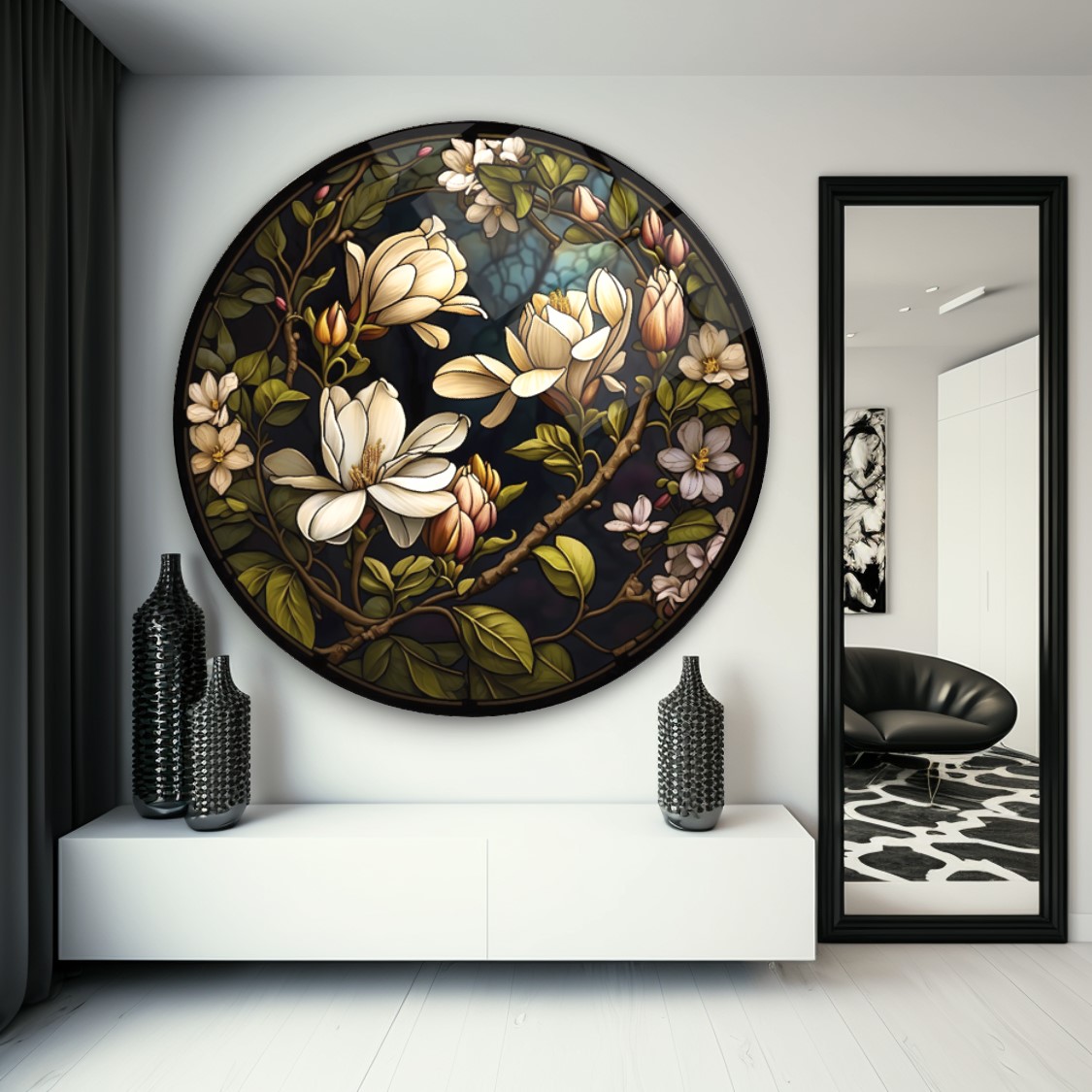 Çiçekler Yuvarlak Cam Tablo