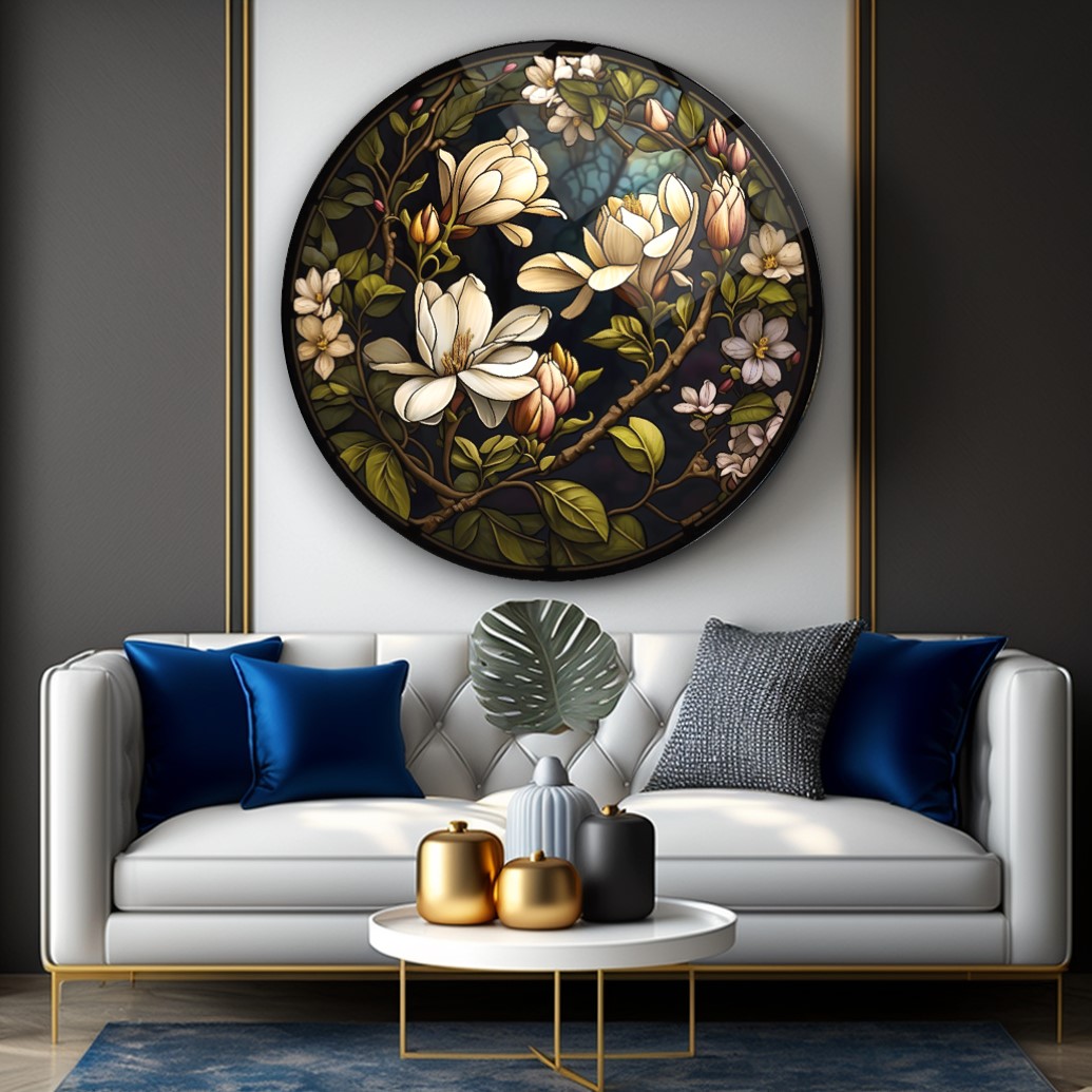 Çiçekler Yuvarlak Cam Tablo