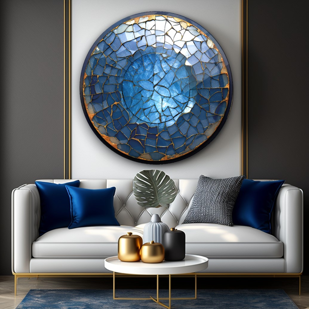 Soyut Mavi Yuvarlak Cam Tablo