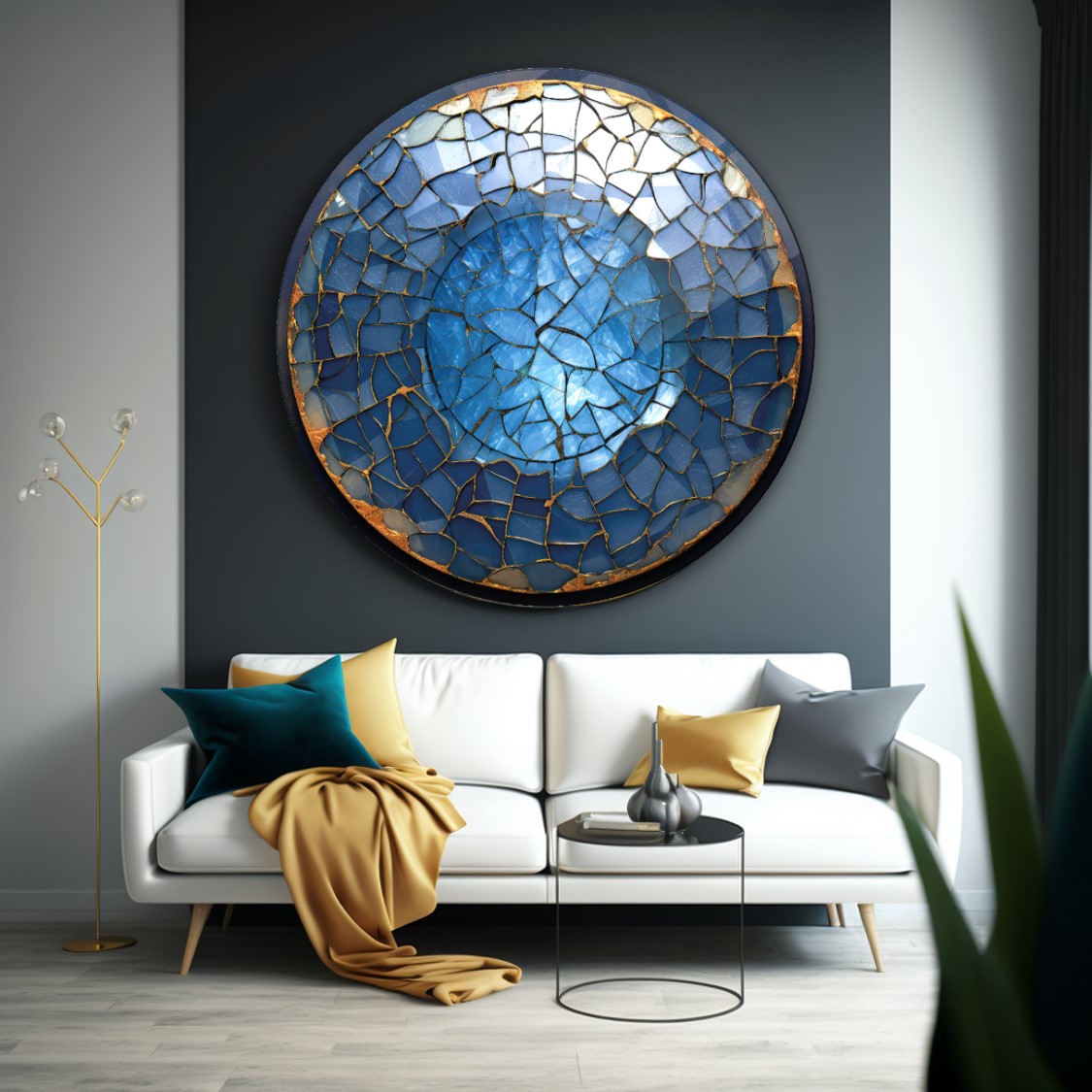 Soyut Mavi Yuvarlak Cam Tablo