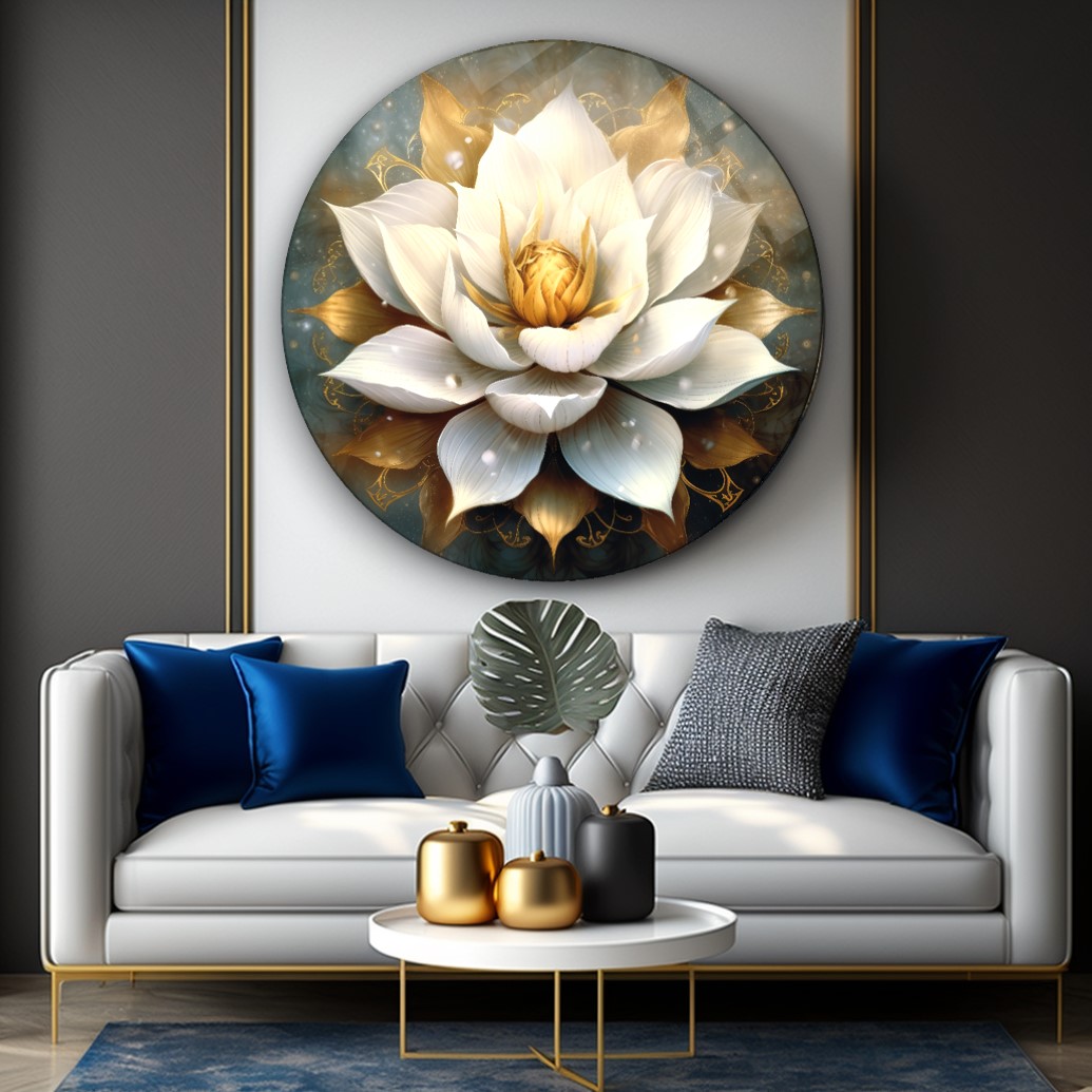 Lotus Çiçeği Yuvarlak Cam Tablo