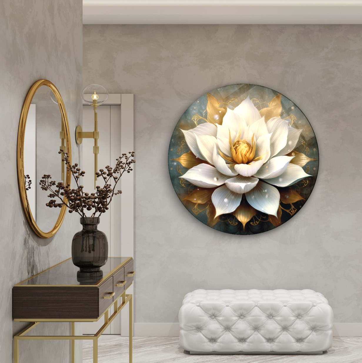 Lotus Çiçeği Yuvarlak Cam Tablo